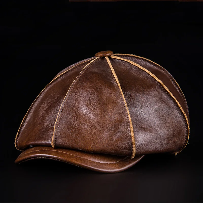 Men\'s Genuine Leather Warm Octagonal Cap Elegant Adjustable Newsboy Beret Cowhide Tongue Cap