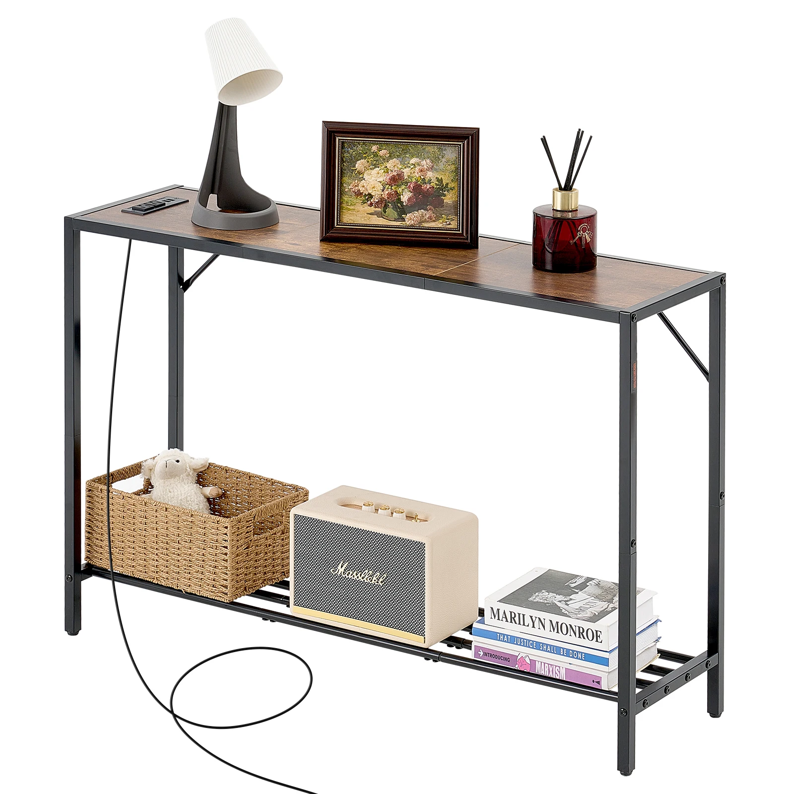VEVOR Mesa de Consola Estrecha para Sofá, Mesa de Entrada Larga de 2 Niveles 106 x 29,5 x 73,5 cm con Tomas de Corriente, Estructura de Metal y Estación de Carga, para Entrada, Marrón y Negro
