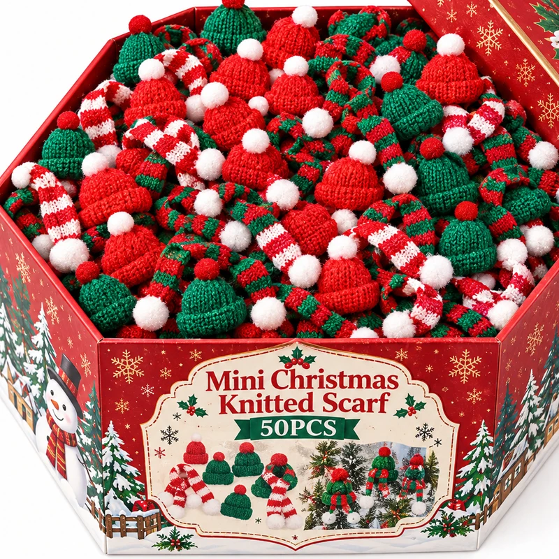 Mini Christmas Hat Scarf Set Handmade Knitting Craft Lollipop Doll Hats Wine Bottles Topper Covers for DIY Xmas Party Ornaments