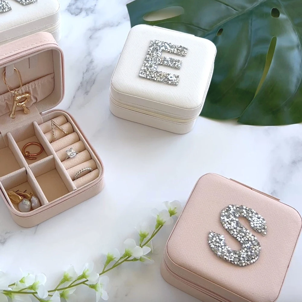 Personalized Rhinestone Initial Jewelry Box Travel Jewelry Case Mother\'s Day / Birthday / Holiday Gifts for Her Bridesmaid Party