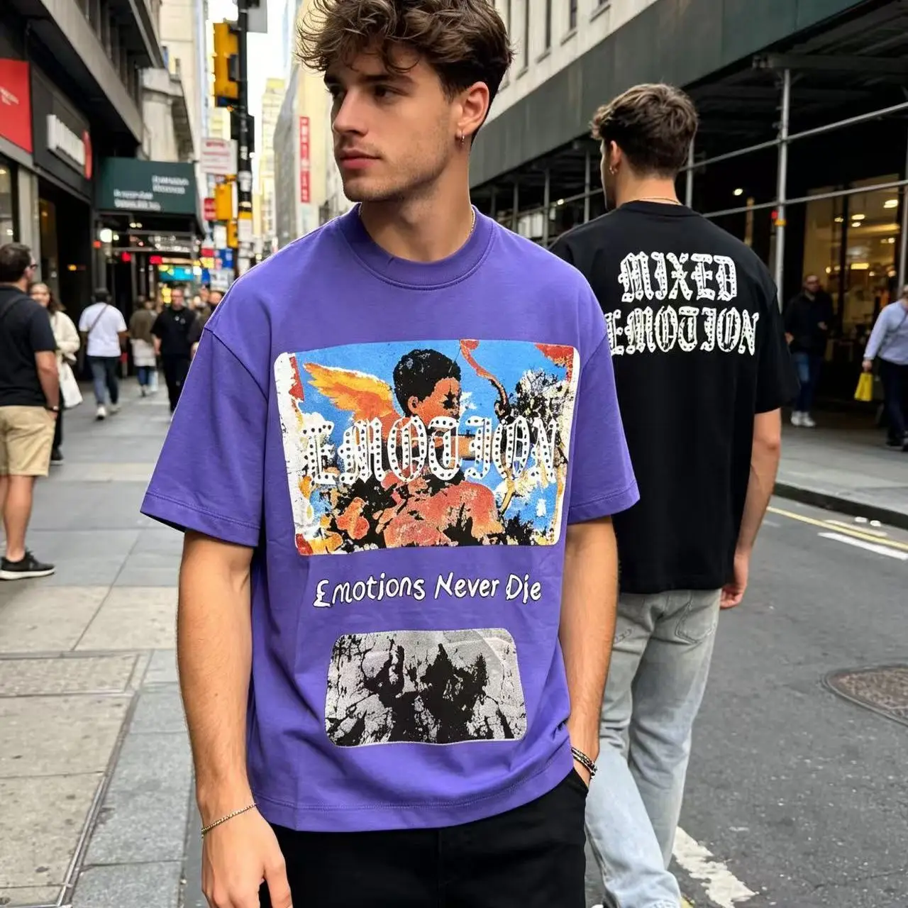 American Retro Print High Street T-Shirt Heavyweight Pure Cotton Short Sleeve INS Style Glittering Youth Fashion Streetwear