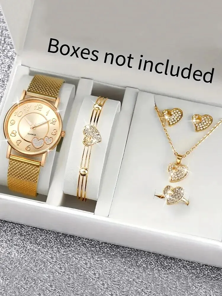 6pcs Fashionable and Versatile Gold Heart WOMEN'S Quartz Watch with Heart Studded Diamond Bracelet, Necklace, Earrings, Ring Set