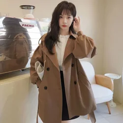 Vintage Brown Short Trench Jacket Women Korean Fashion High Street Double-Breasted Windbreaker Autumn Winter Waistband Outwear