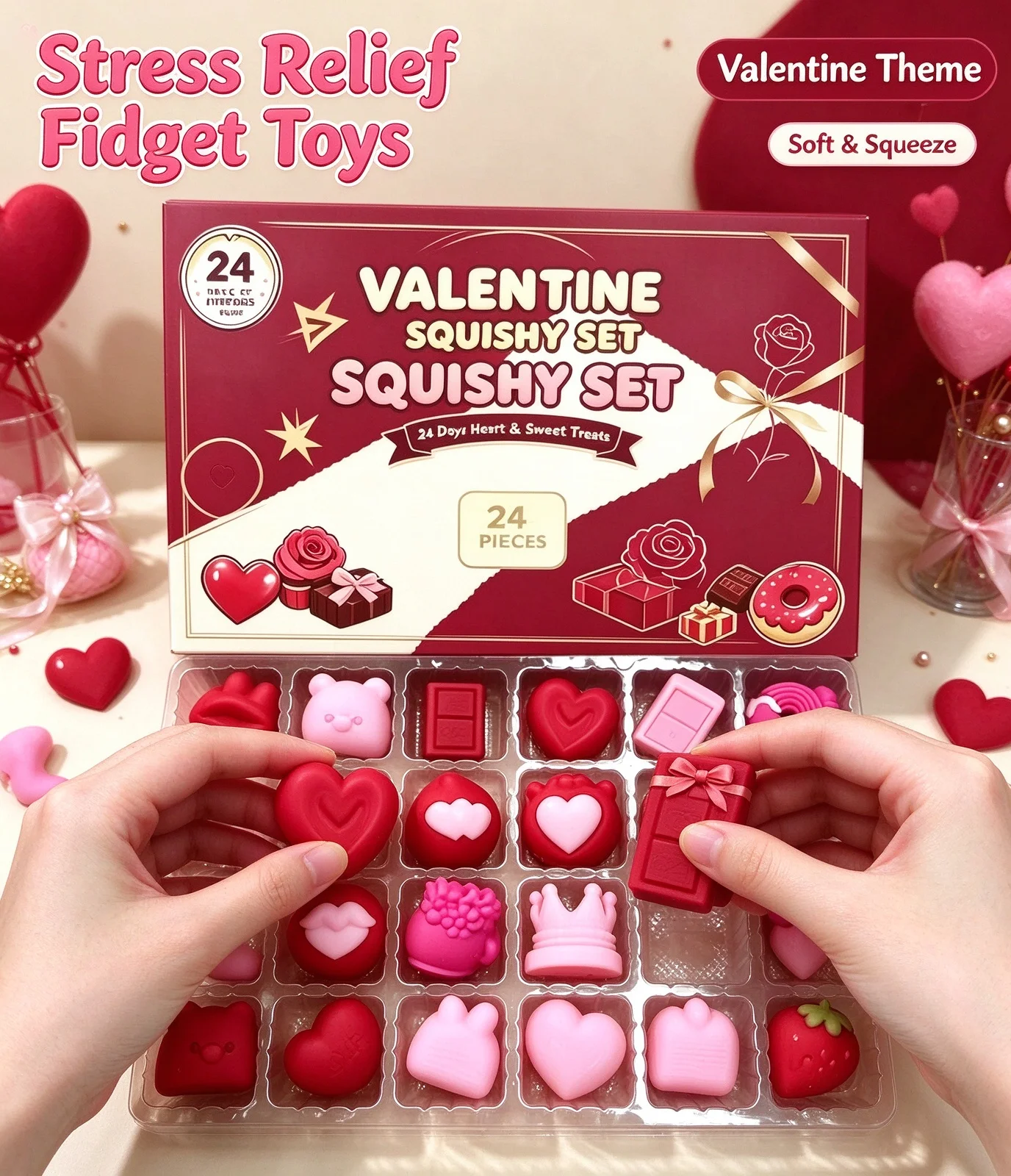 24Pcs Valentine Hole Punch Surprise Box, Kawaii Soft Squishy Fidget Toys, Valentine’s Day Gift for Kids