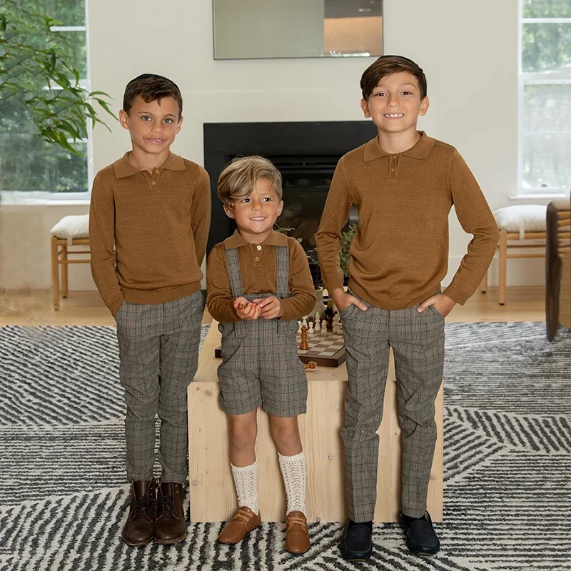 Ap Boys Mix N Match-Conjunto de ropa para niños, suéter de tres colores, Polo, pantalones y monos a cuadros estirados para bebés, otoño 2024, #7703