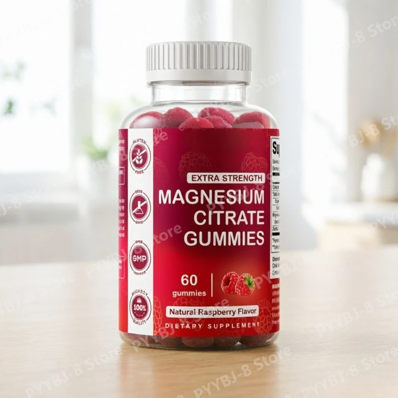 60 Count Magnesium Citrate Gummies Supplement Natural Raspberry Flavor Support Bone Health and Muscle Relaxation  Gluten Free