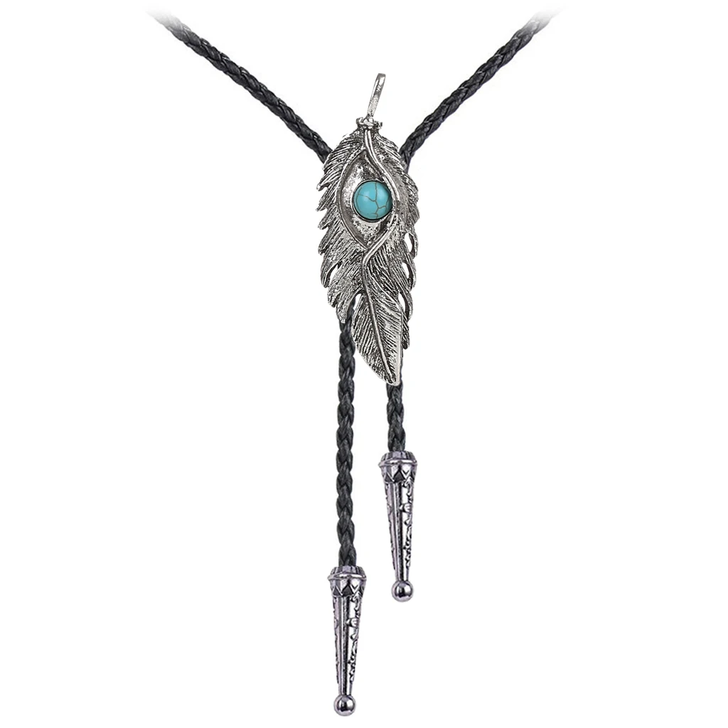 Retro Blue Stone Eye Feather Poirot Collar Bolo Tie with Shirt Chain Leather Necklace Long Tie Pendant for Men