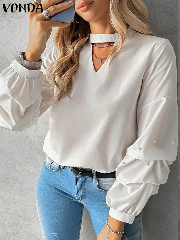 Elegant Long Sleeve Blouses Women Ruffled Tops 2024 VONDA Casual Solid Color Blusas Female Stand Collar Shirts Oversized Tunics