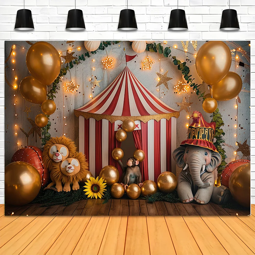 Circus Tent With Striped Canopy Popcorn Photography Backdrops Balloons Birthday Party Decor Animal Photo Studio Background SD-03