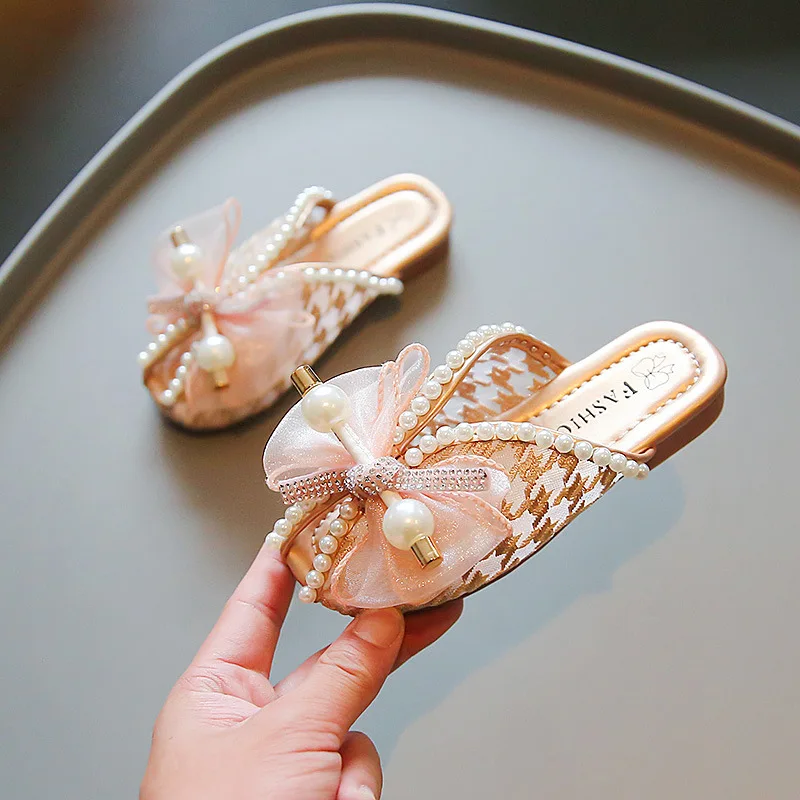 슬리퍼 Children\'s Slippers Summer New Bow Girl Princess Shoes Soft Sole Home Shoes Flat Kids Shoes Fashion Girl Slippers flip flops