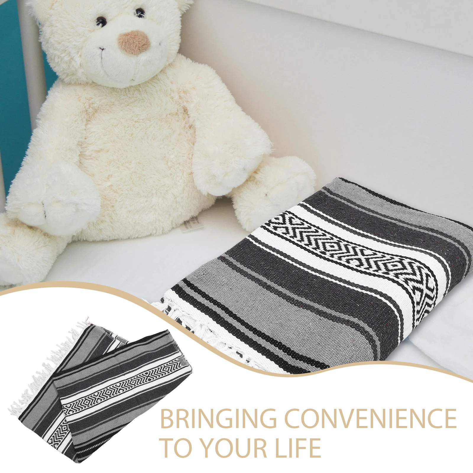 

130x180cm Fashionable Mexican Serape Blanket Thick Woven Yoga Mat for Living Room Bedroom Decoration Grey Mexican Blanket