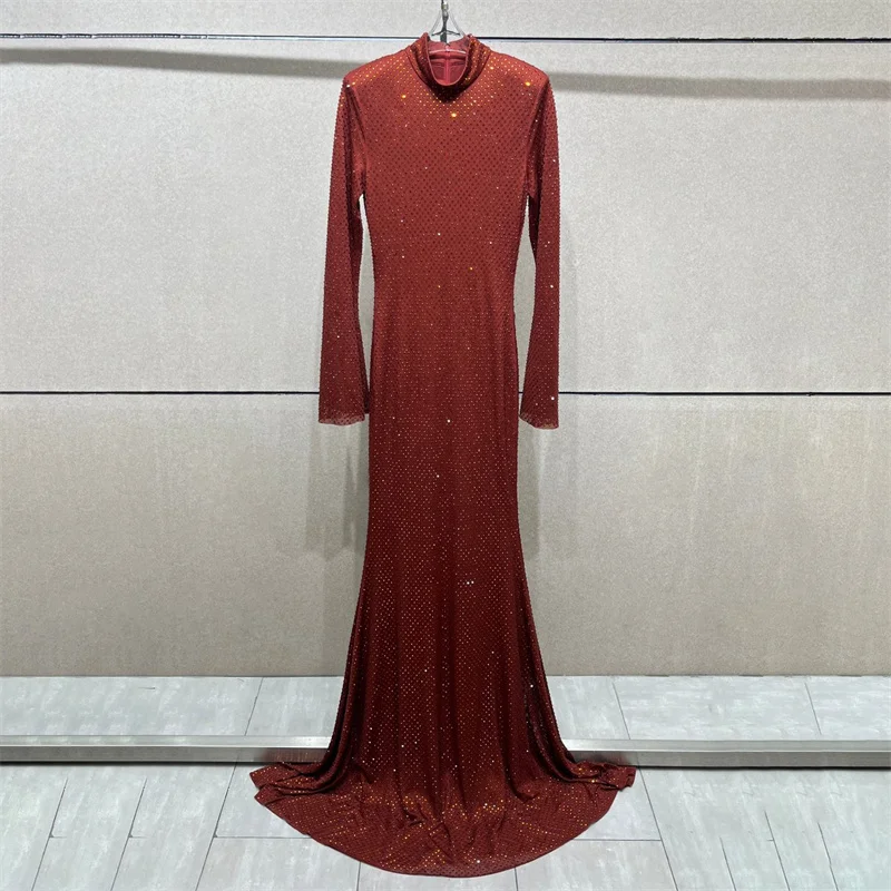 فستان نسائي شتاء 2025 جديد مرن بقصة ضيقة نصف رقبة عالية فساتين طويلة متألقة من حجر الراين فساتين الحفلات فساتين السهرة #1