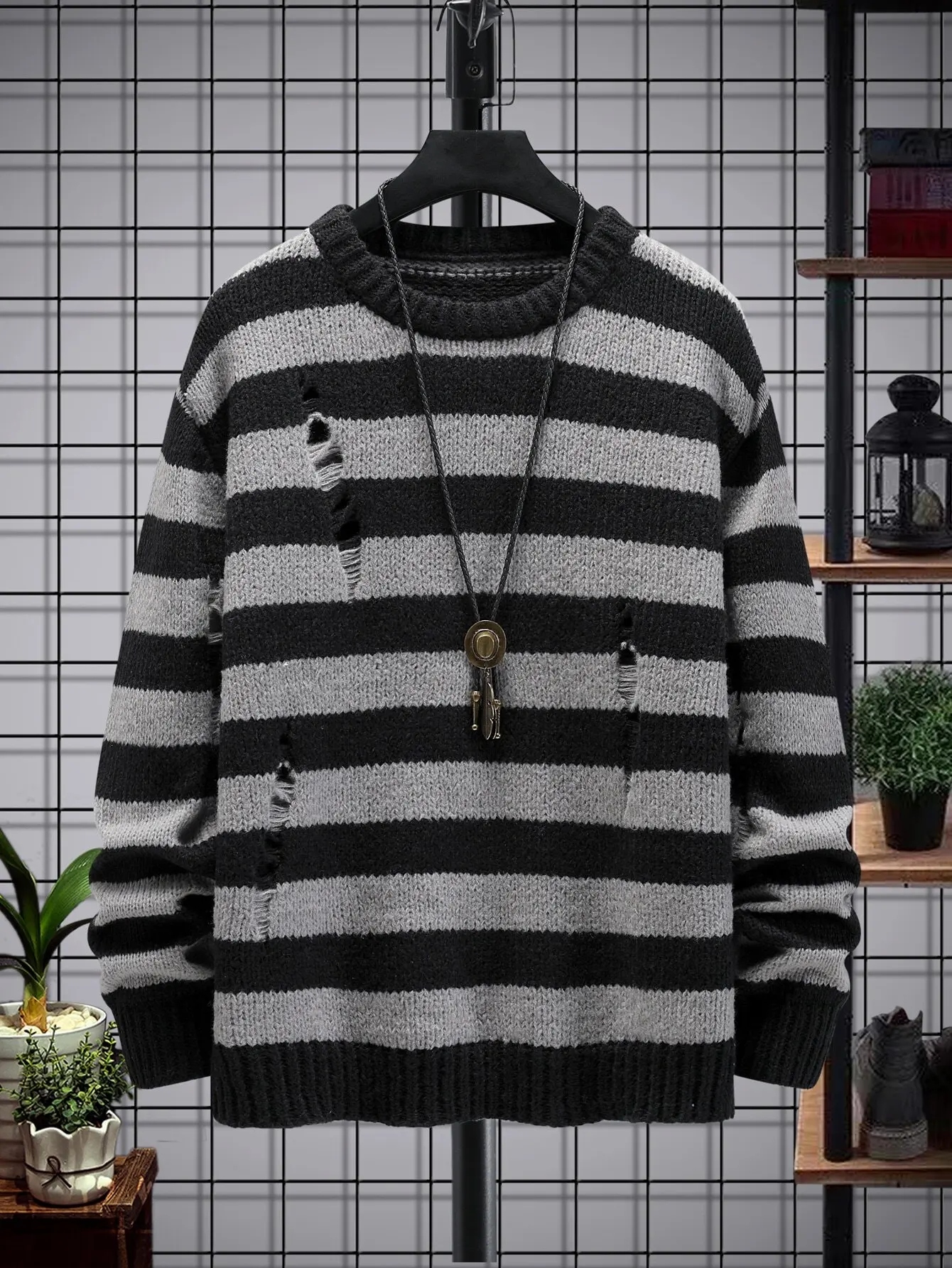 Men's Black Gray Striped Distressed Knit Pullover Sweater Loose Fit Fall Winter