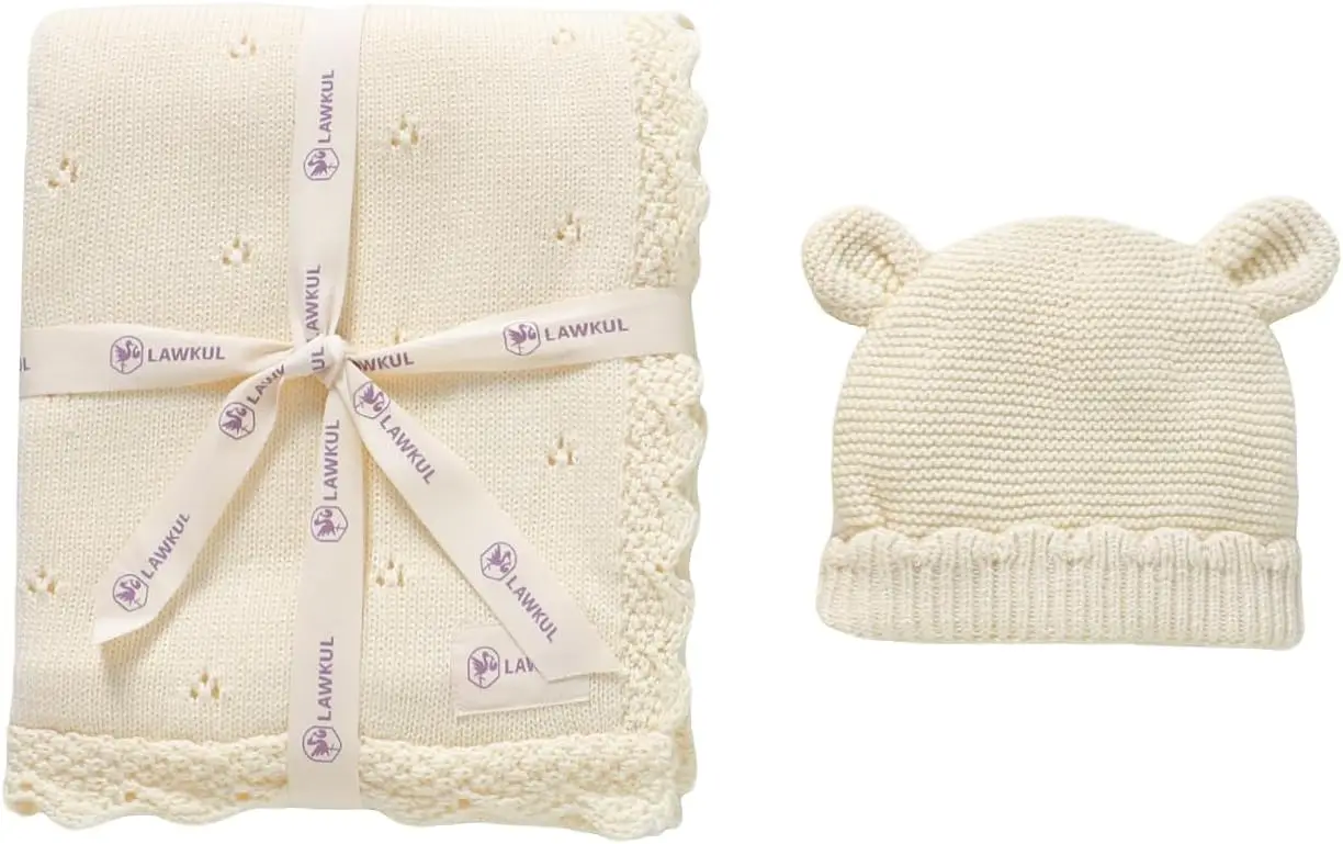 

Organic Cotton Baby Blanket and Beanie Set for Newborns, Soft Swaddle Gift in Off-White