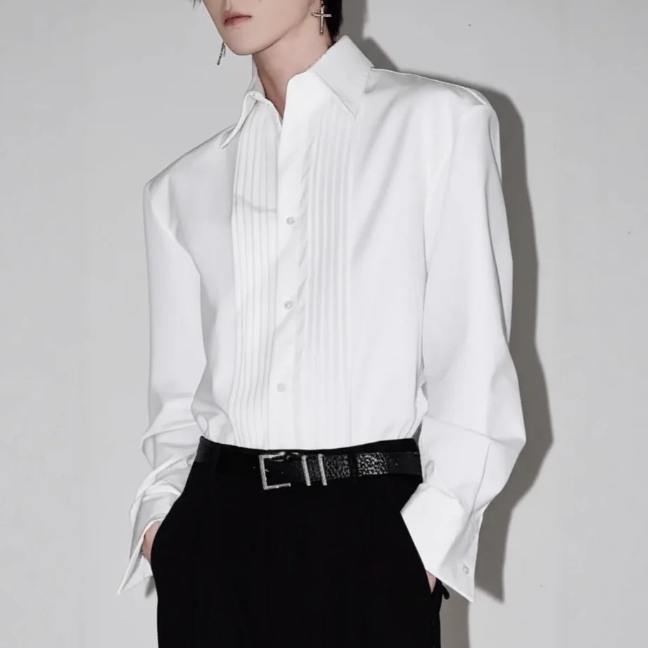 Men's White French Ruffled Shirt 2026 Spring Long Sleeve Cleanfit Court Style Minimalist Designer Inner Wear Top