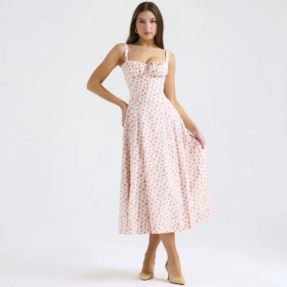 Summer Women Sling Dress Casual Slim Midi Skirt Elegant Commuter Fashion Sleeveless A Line Floral Printed Beach Gowns