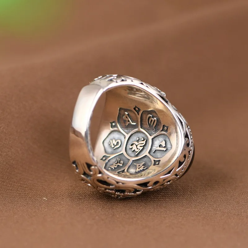BOCAI New 100% S925 Silver Hollowed-Out Carved Lapis Lazuli/Black Agate Oval Man and Woman Ring Exaggerated Personality Gift