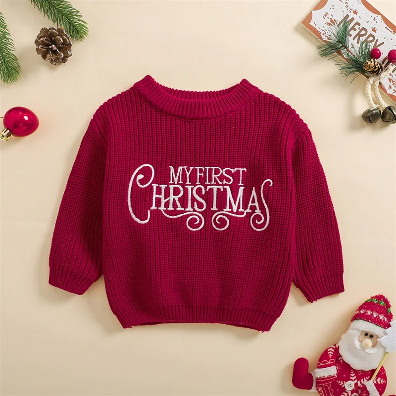 Baby Boy Girl Christmas Sweater Letter Embroidery Crew Neck Long Sleeve Pullover Knit Tops for Fall Winter Soft Skin-friendly