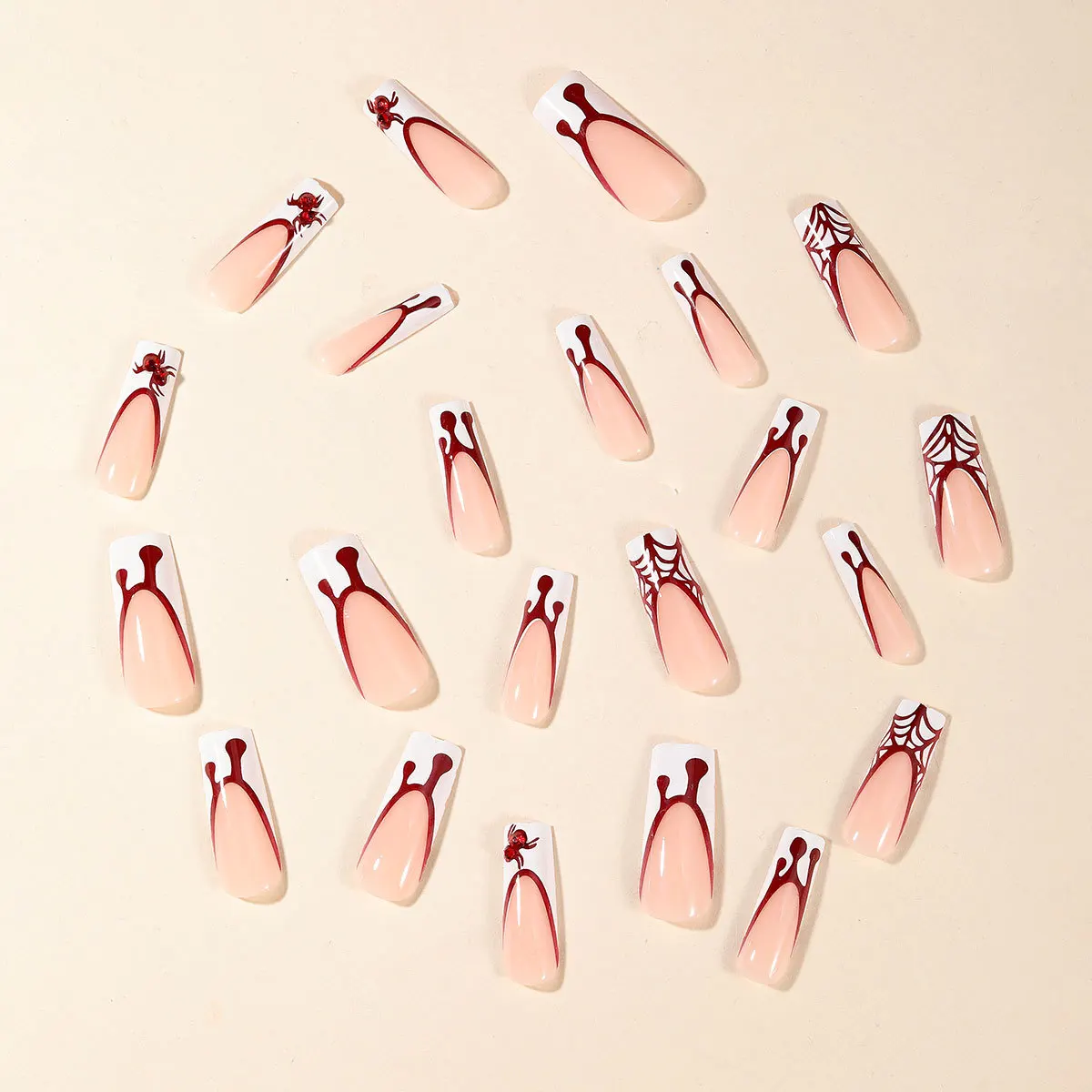 24pcs Halloween Long Pipe White French Fake Nails With Blood Drops Spider Web Designs False Nails Press On Nails Diamond Decor