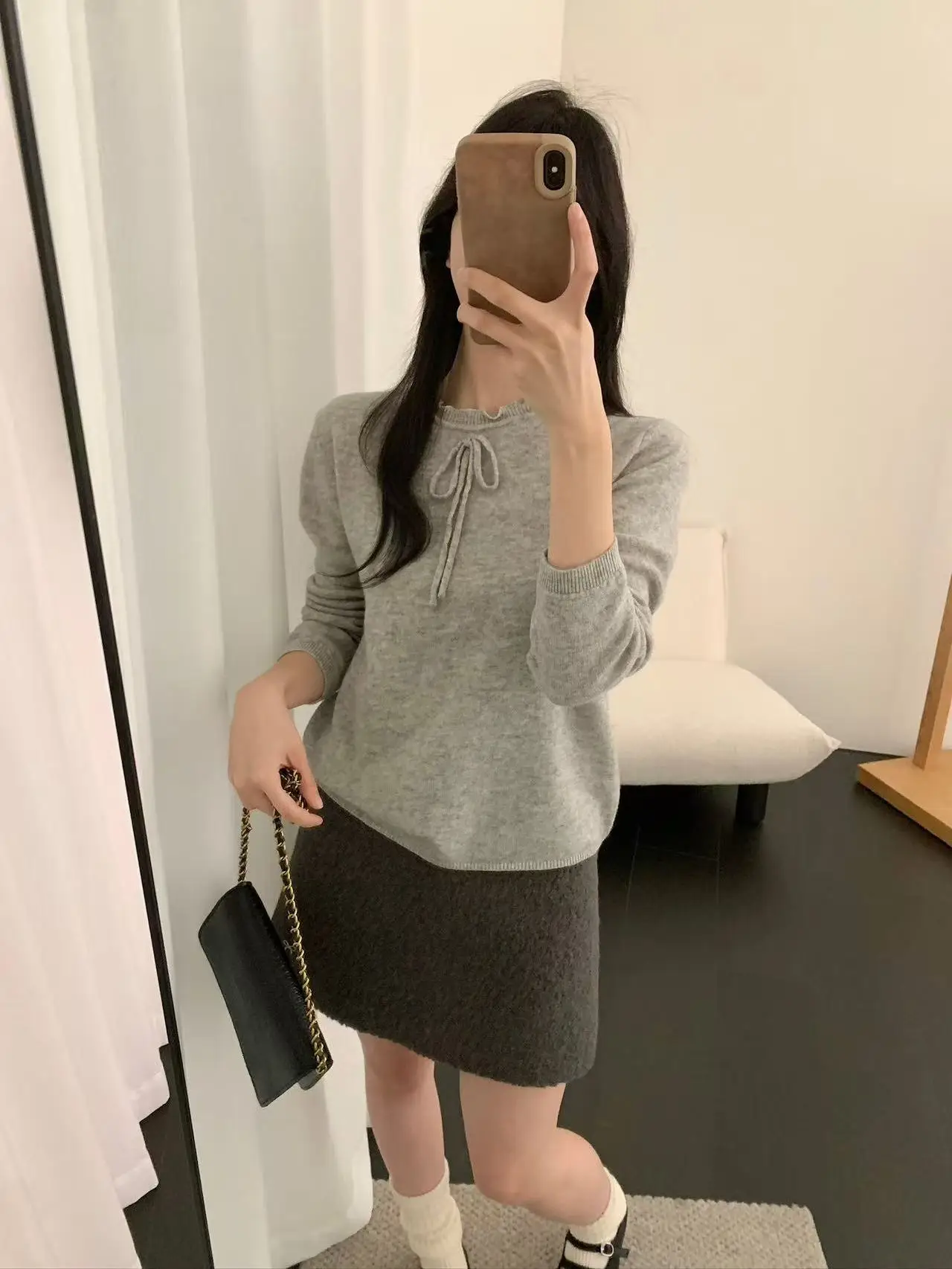 

Простой шерстяной вязаный свитер с деревянным воротником и бантом для женщин, теплый, утолщенный, с длинными рукавами