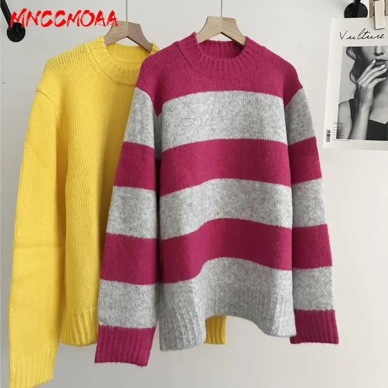 MNCCMOAA 2024 Autumn Winter Women Fashion Round Neck Long Sleeve Knitted Sweater Female Solid Color Casual Tops Pullover