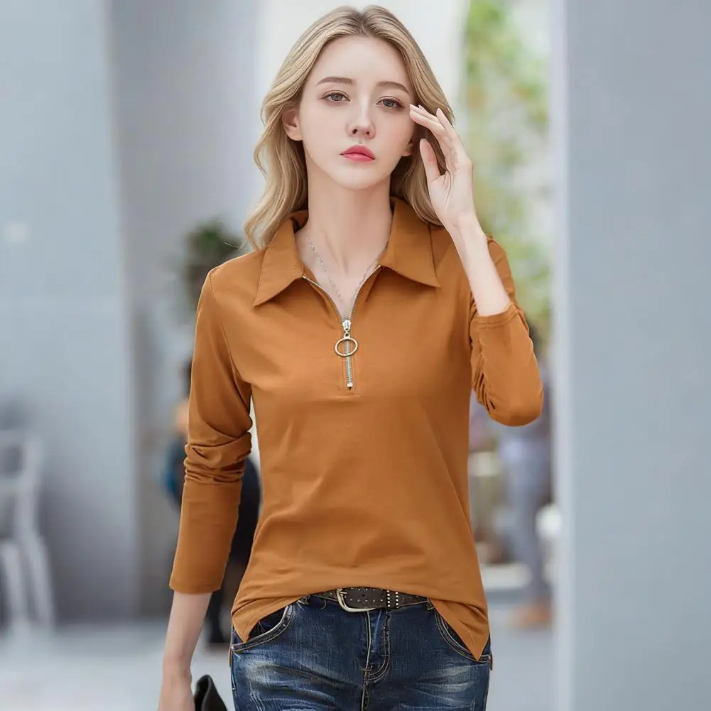 Women T-shirt Lapel Zipper Half Placket Long Sleeve Pullover Tops Stretchy Casual Tee Shirt Work Party Vacation Daily Wear
