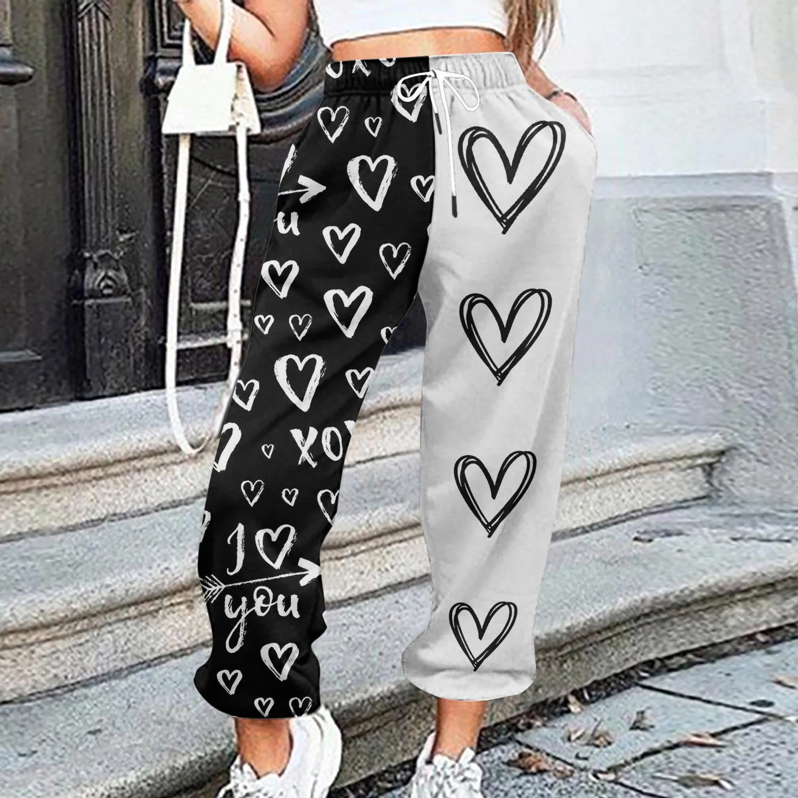 Weites Bein Hosen Frauen Valentinstag drucken unten Jogging hose Taschen hohe Taille Sport Gym Jogger gerade Hosen Jogger Basic Hose