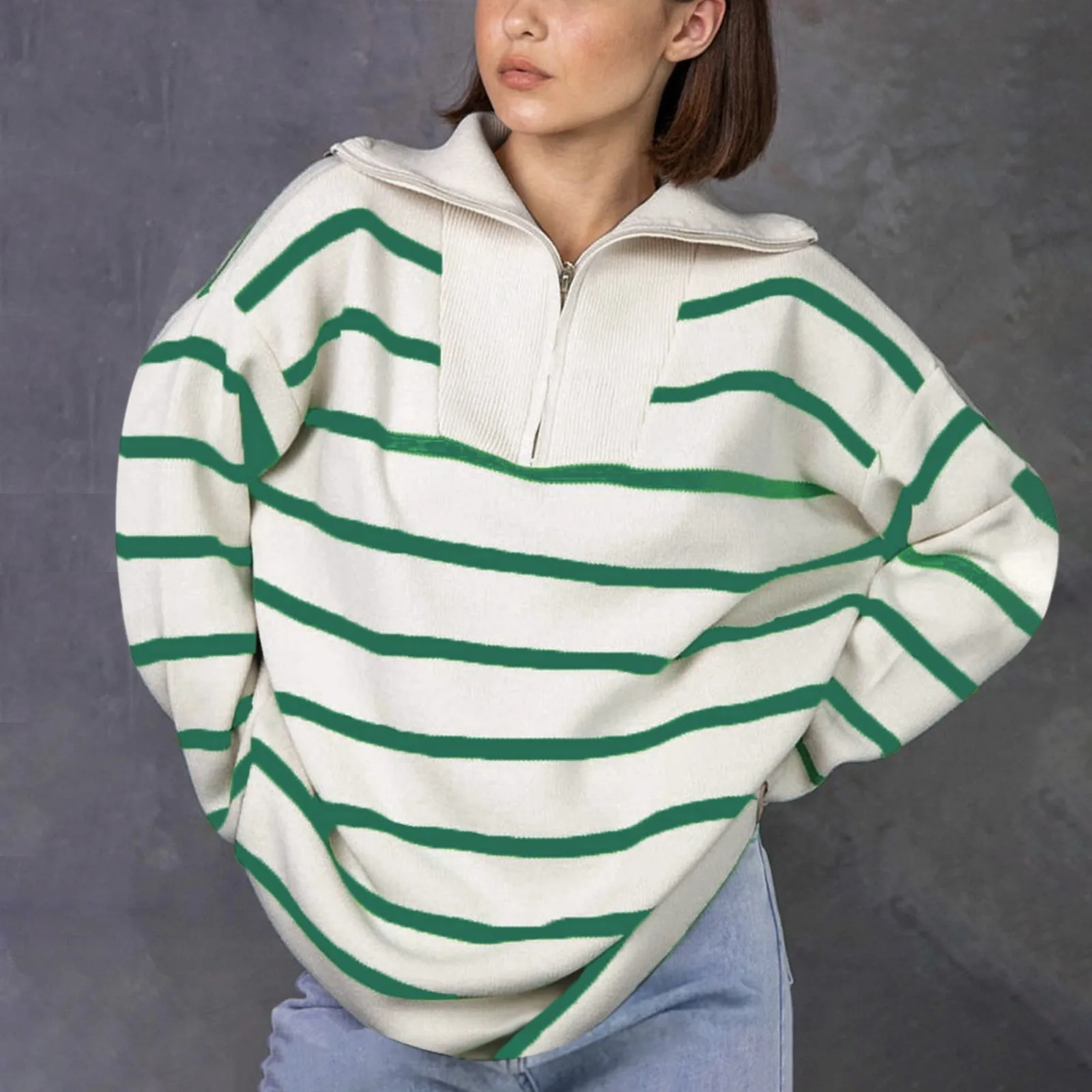 Pull à Manches sulfpour Femme, Décontracté, Col Rabattu, Rayé, Patchwork, Chic, Automne Hiver 2023