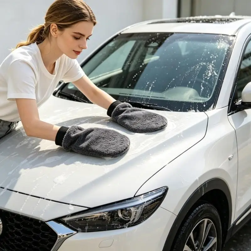 Car Wash Glove Pair with Double-Sided Soft Fleece Texture Elastic Cuff and Wet Dry Use for Smooth Vehicle Sections 