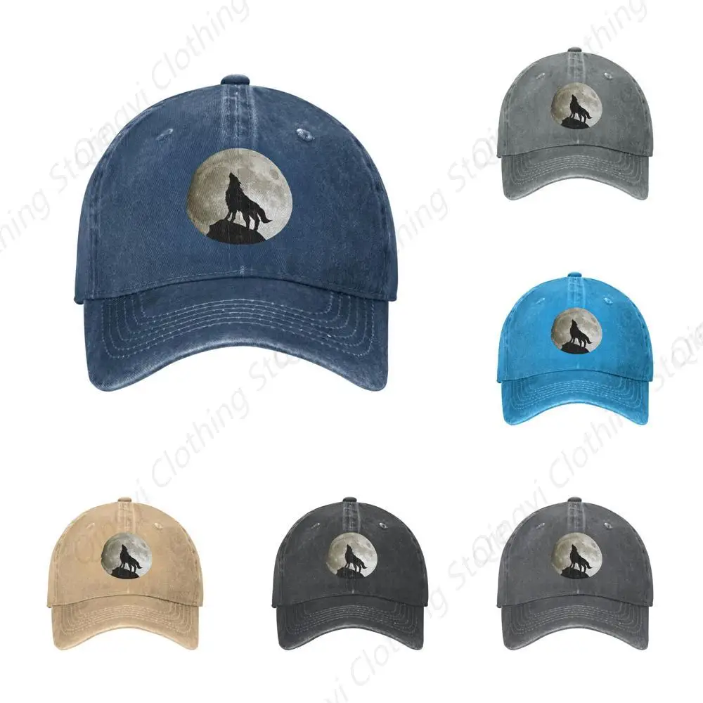 

Wolf Howling at The Moon Denim Trucker Hat Baseball Cap for Men Or Women Cowboy Navy Blue