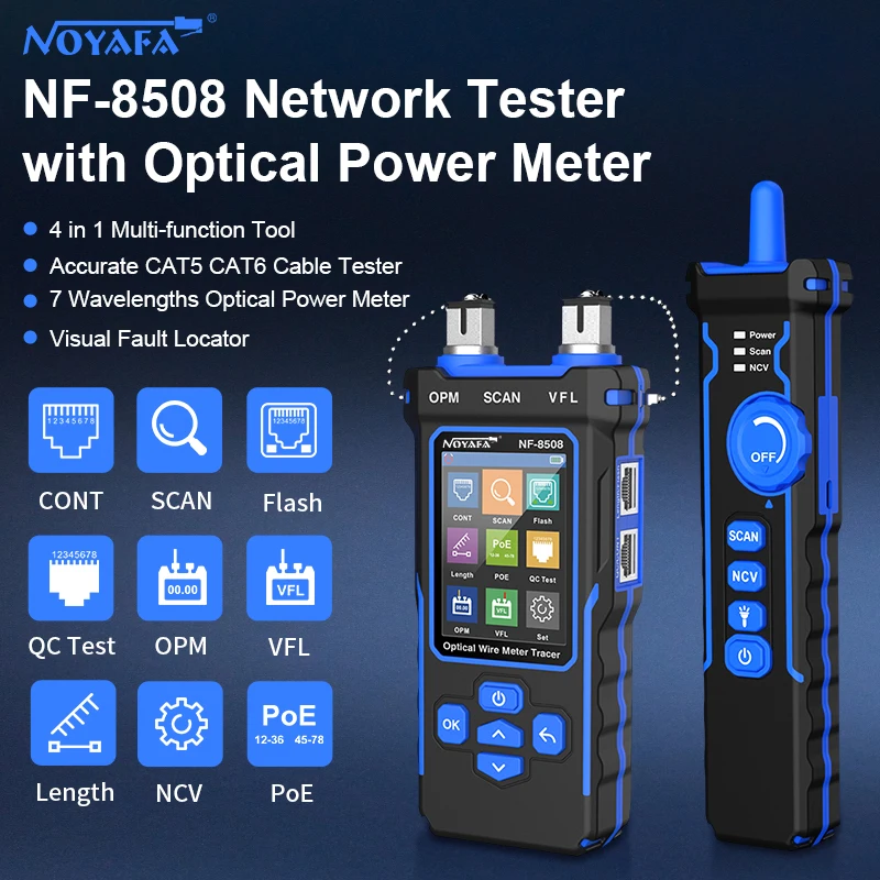 noyafa network cabo tester opm vfl poe display lcd digital rastreador de cabos rj11 rj45 line finder ferramentas nf8508 01