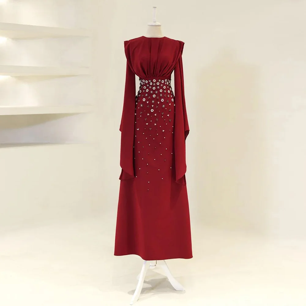 

Customized Evening Dress Arabian Party Gown Modest Round Neck Long Sleeves Beading Stones Formal Prom Dresses for Woman Elegant