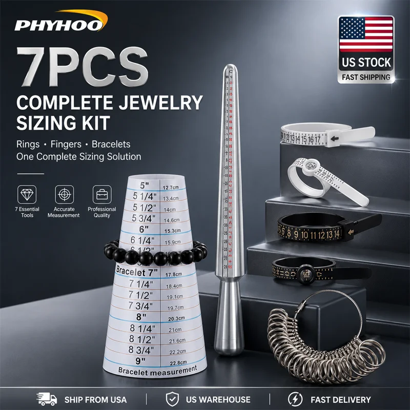 PHYHOO 7PCS Jewelry Ring Sizer Kit Finger Measuring Tool Bracelet Gauge Set Ring Mandrel Sizing Belt Jewelry Making Tools US War