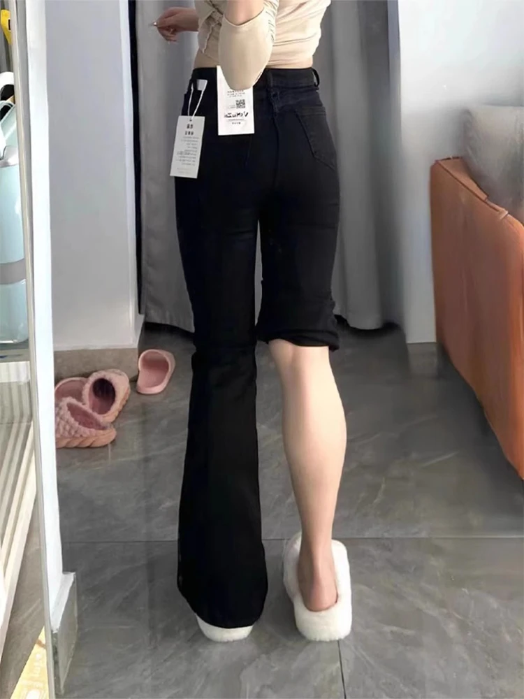 

Black High Waist Slimming Jeans Women's Summer plus Size Cover Hip Micro Flared Denim Pants Long Trousers Fashionable Casual