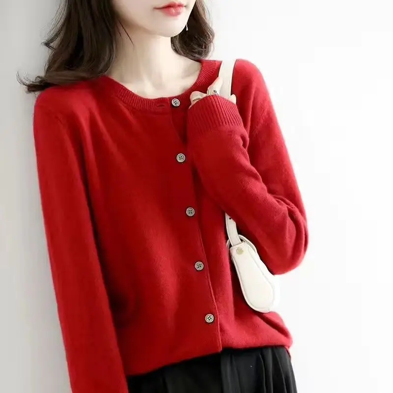 Simplicity Loose O-neck Sweater Women Autumn Solid Color Long Sleeve Knitwear Tops Office Lady All-match Knitting Cardigan Coat