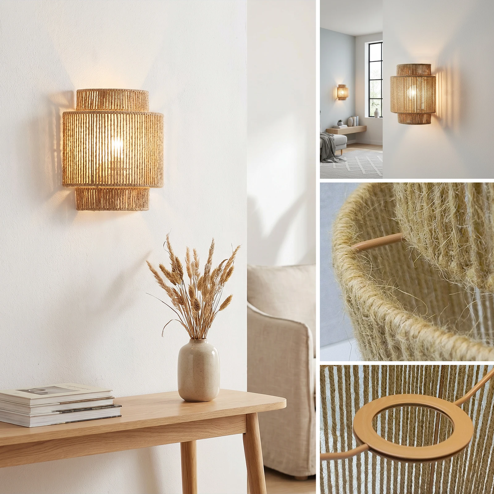 3-Tier Jute Woven Lampshade Boho Cylinder Wall Pendant Table Lamp Shade Wabi Sabi Farmhouse Bedroom Decor Only Lampshade