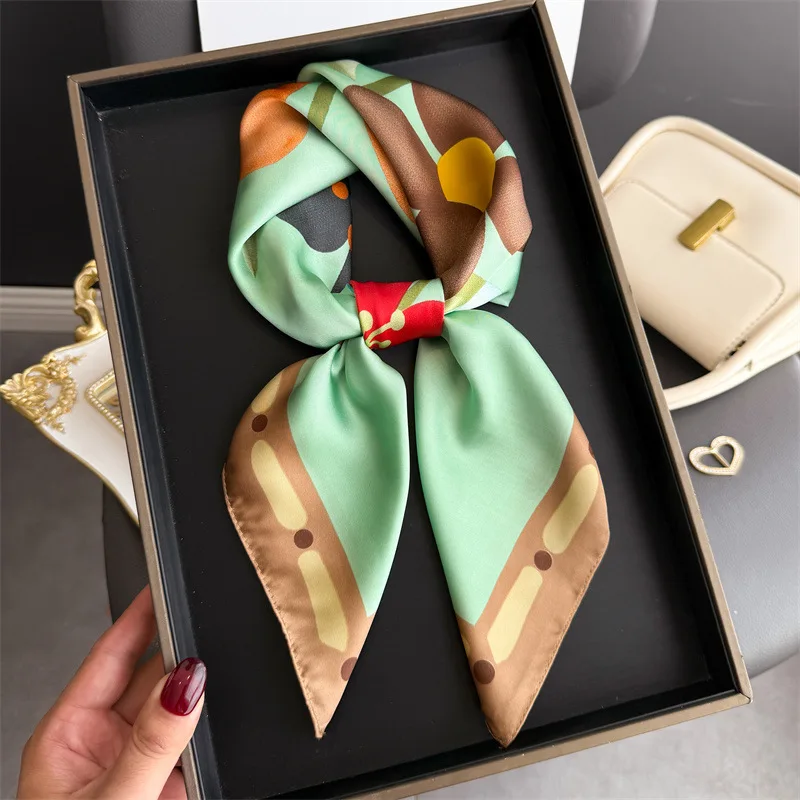 

Ladies Fashion Spring Autumn Flower Printed 70cm Square Bag Decoration Small Handkerchief Multi Function Imitated Silk Scarf