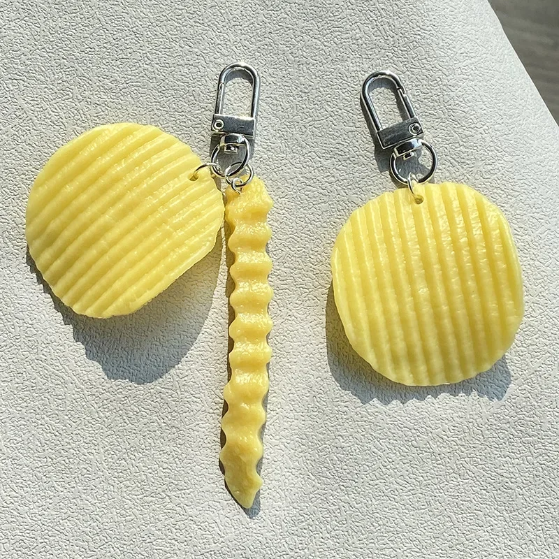 3D Delicious Fried Food Keychain Wavy Potato Chips Keyring Soft Silicone Wolf Tooth Potato Pendant Foodie Jewelry Accessory Gift