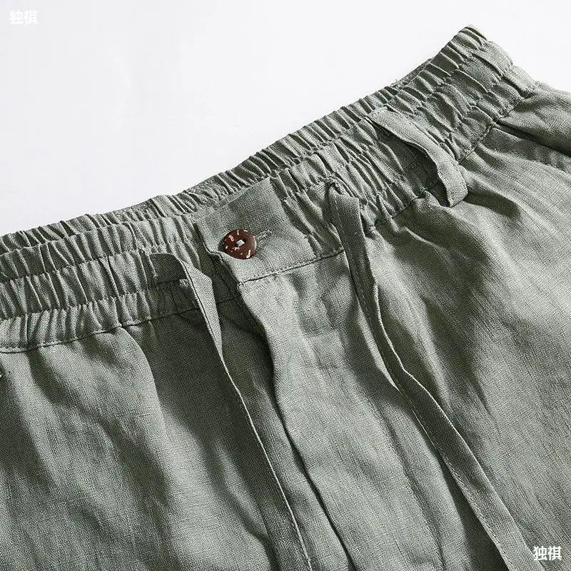 Solid Color Linen Pants Men's Loose Cotton Linen Casual 9 Points Pants Spring Summer Home Straight Soft Comfortable Trousers