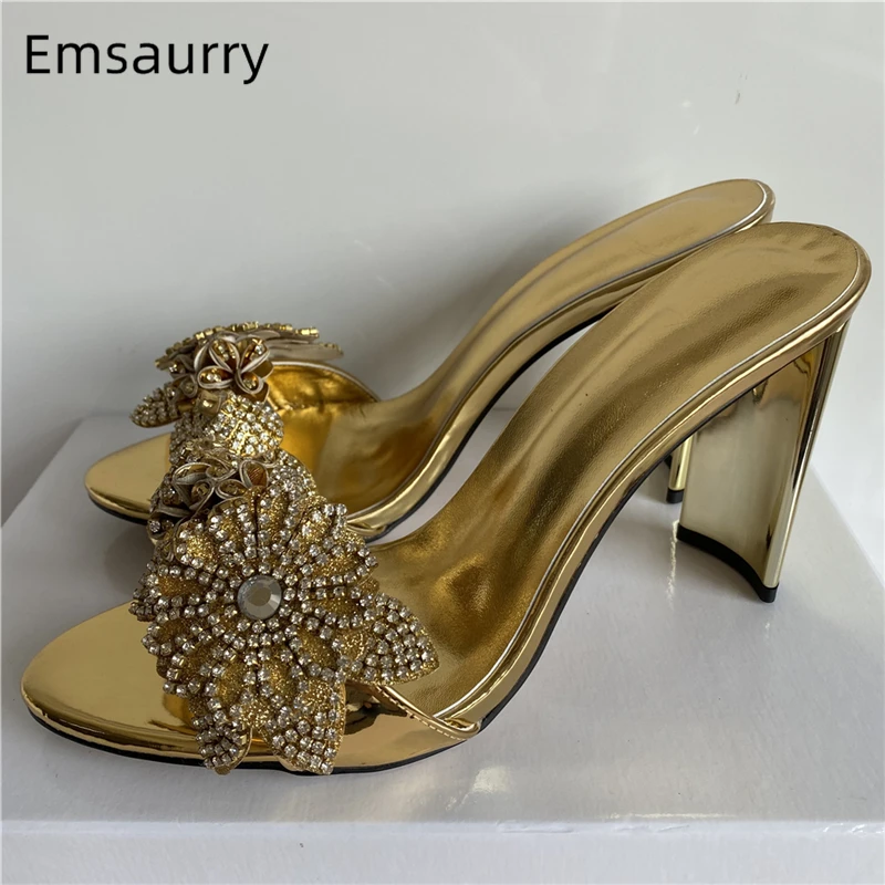 Diamond Rhinestone Flower Sandals Women Unique Strange Heel Luxury Satin Slingbacks Summer Shoes For Girls