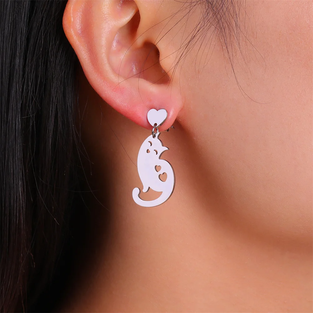 Stainless Steel Carton Cat Dangle Hoop Earrings Gold Plated Stud Earrings for Women Lady Trend Jewelry Gifts Wholesale