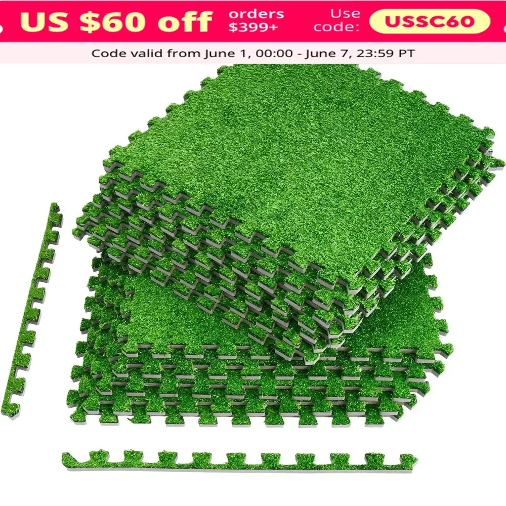 

Grass Foam Floor Tiles - 12 Interlocking Mats of 24"X24” Total of 48 Sq Ft, Artificial Carpet Grass Turf Flooring, Turf