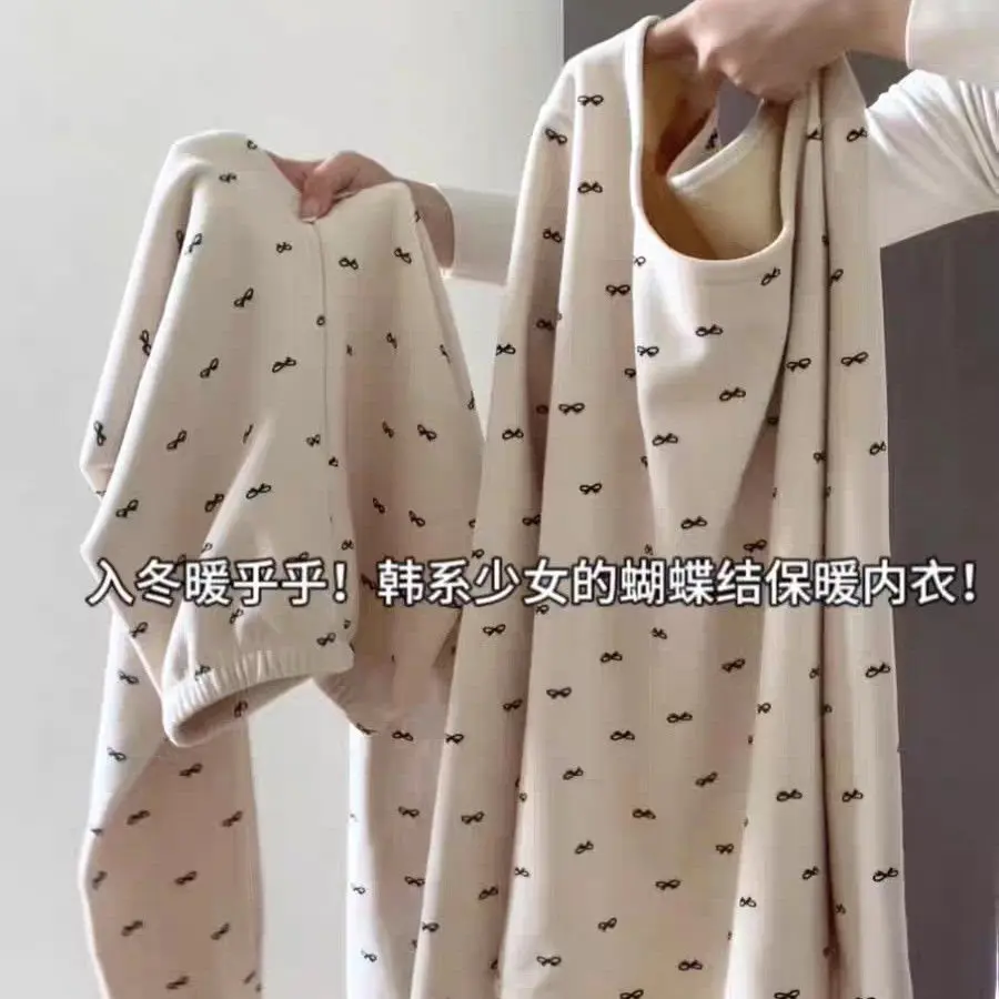 

Warm underwear for women with thick velvet bow tie, women's suit with German velvet base, inner layer