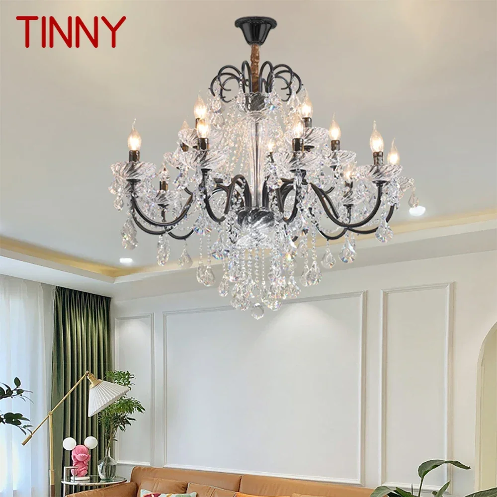 TINNY French Luxury Crystal Pendent Lamp European Living Room Restaurant Bedroom Villa Hotel Duplex Staircase LED Chandelier