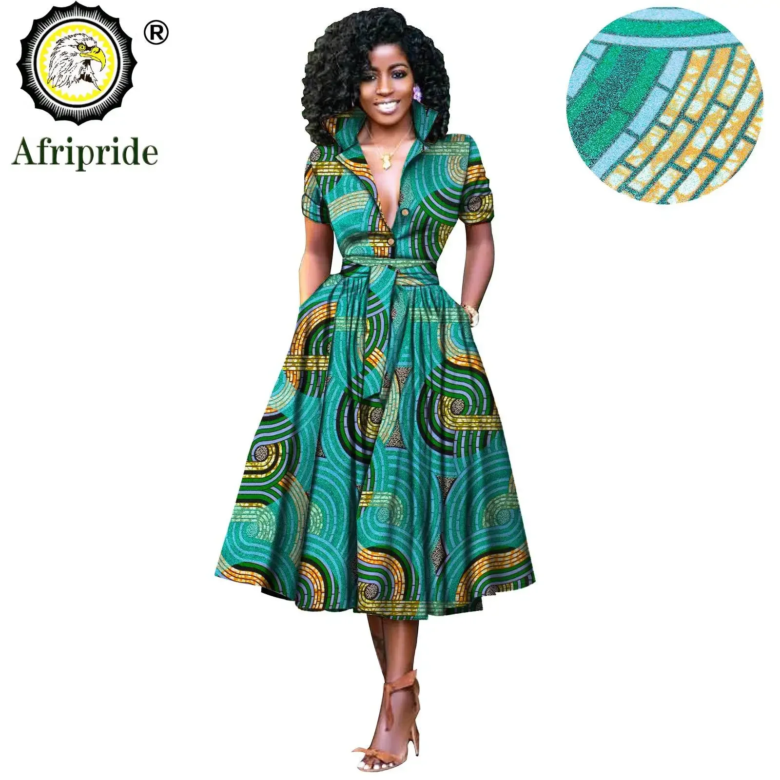 African Dresses for Women Short Sleeve V-neck High Waist Ankara Fabric Print Formal Dress Pure Cotton Bazin Riche Dress S2025072