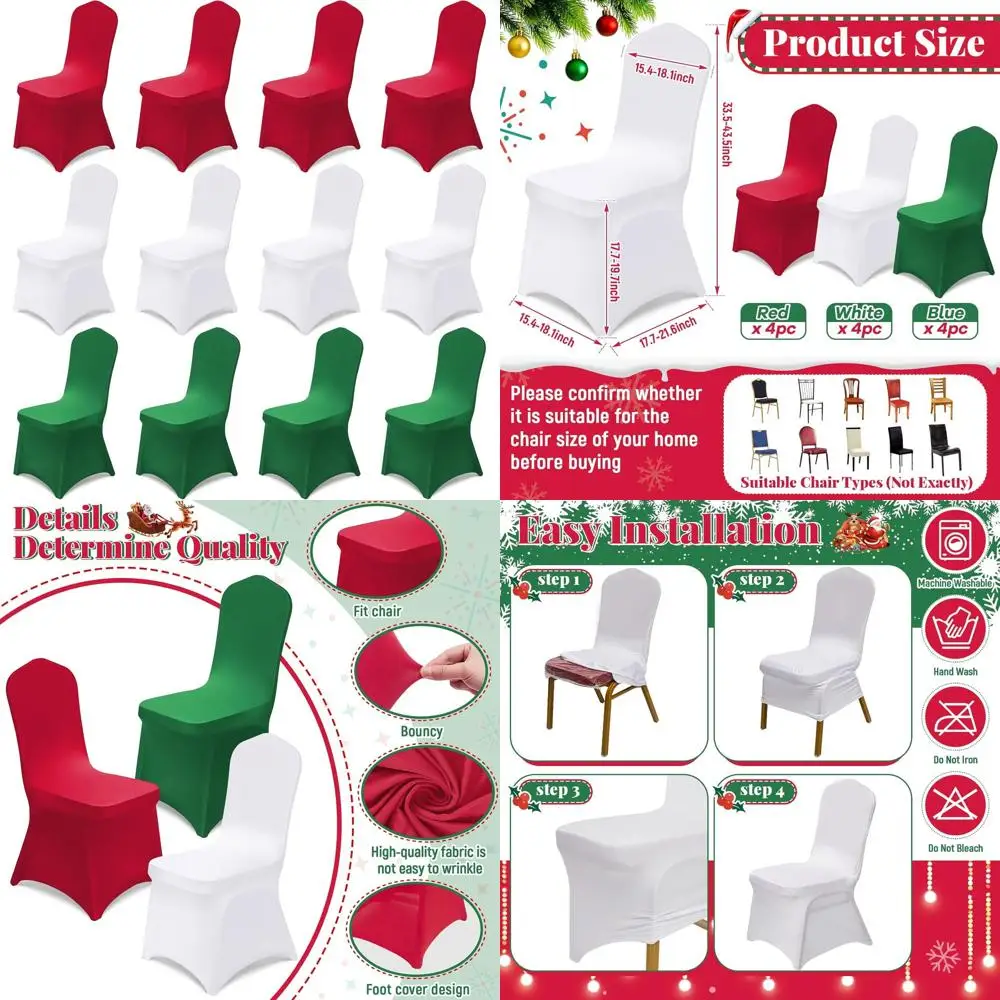 

Red, White & Green Christmas Party Chair Covers - 12 Pack Spandex Universal Stretch Slipcovers for Holiday Decorations