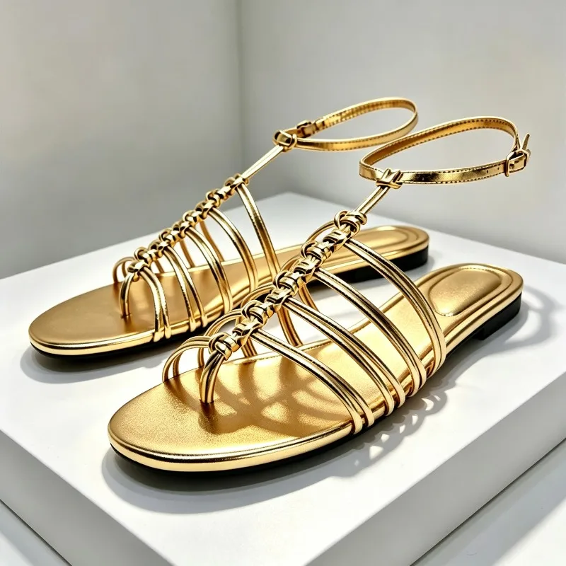 Fashion Gold Multi Straps Detail Flat Sandals Women Sexy Open Toe Adjustable Ankle Strap Gladiator Sandals Luxury Designer Shoes