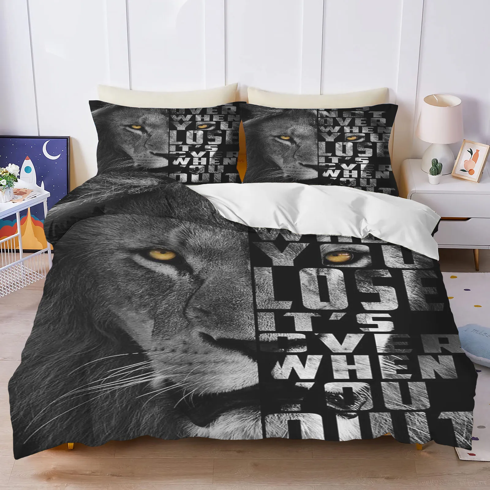 Juego de cama de una pieza con estampado de León, bonito dibujo de dibujos animados, Comforte Luxus, exquisito regalo de cumpleaños, funda nórdica de poliéster para decoración del hogar
