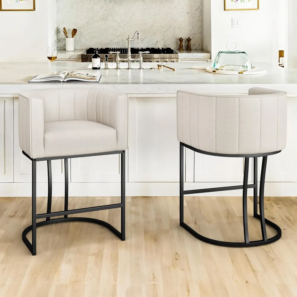 

Counter Height Bar Stools, Modern Barrel Counter Stools with Backrest and Arms, Metal Frame, Linen Fabric Upholstered Barstools