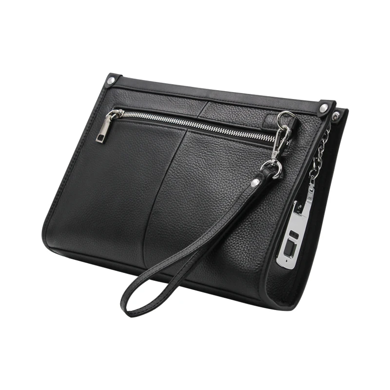 Bolso de mano de cuero con cerradura de huella dactilar para hombre, billetera de dinero larga para hombre, bolsa de teléfono móvil, bolsa de